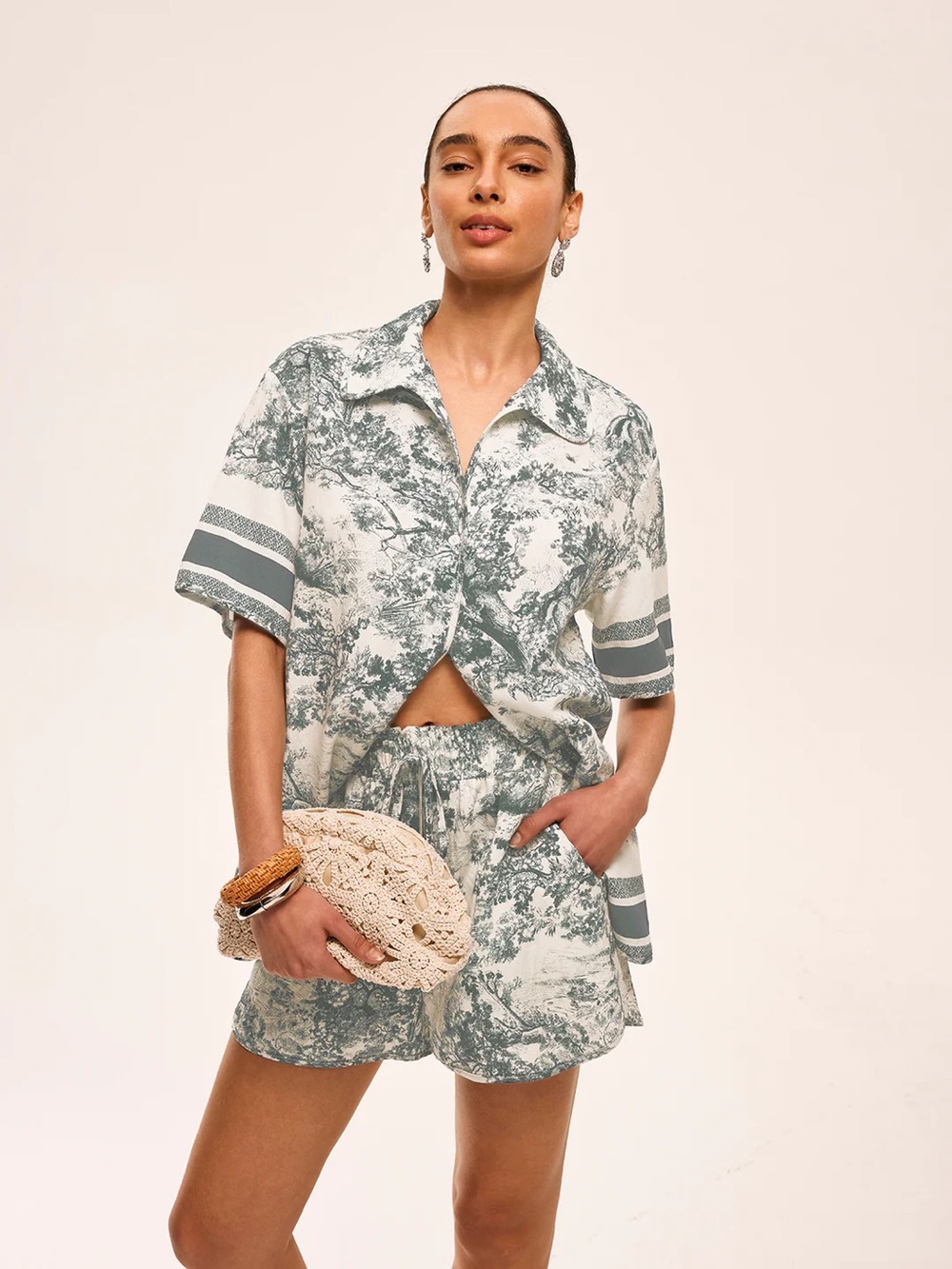 Printed Contrast Trim Shorts Set